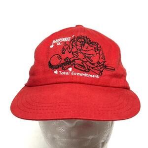 VTG Taz Hat Happiness Is Total Commitment Red 90s Love Broken Brim ACME Clothing